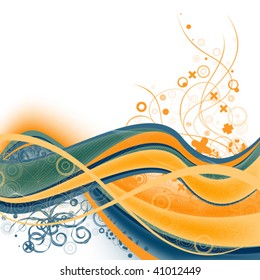  abstract dark blue and orange background with wavy lines and ornament
