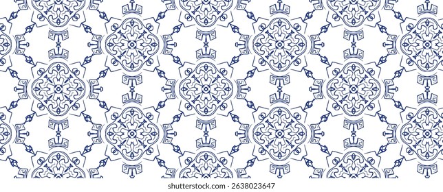 Abstract dark blue outline whimsical vector hand drawn seamless pattern with decorative knight shield motif. Ethnic doodle heraldic ornament for textile design, wrapping paper, traditional surface