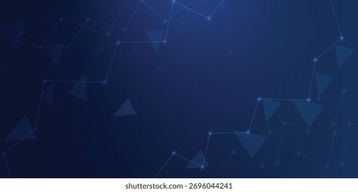 Abstraktes dunkelblaues Polygonnetz mit leuchtenden Linien und Dreieckknoten; Technischer Hintergrund für , Daten, Blockchain, Cybersecurity-Banner