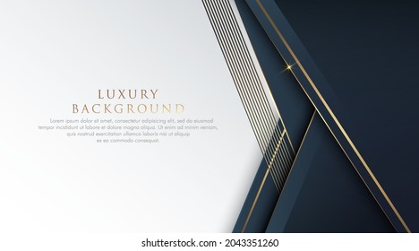 Abstract dark blue polygon shapes on white background with glitter golden lines. Trendy simple geometric shapes creative design with shadow decoration. Luxury and elegant template design