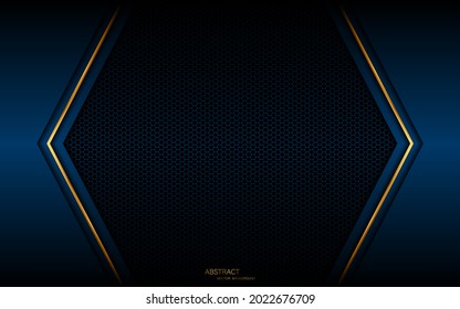 Abstract dark blue polyhedron with golden lines on dark steel mesh background with free space for design.