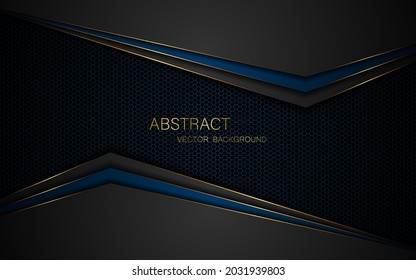 Abstract dark blue polyhedron with golden lines on dark steel mesh background with free space for design. Modern technology innovation concept background
