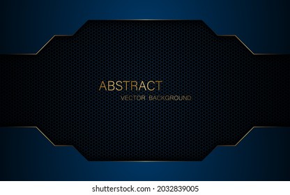 Abstract dark blue polyhedron with golden lines on dark steel mesh background with free space for design.

