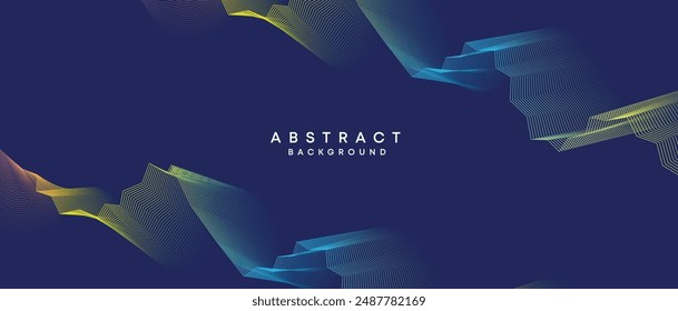 Abstract dark blue, purple geometric digital future technology flowing line background. Yellow-green-navy blue gradient wave lines texture web banner background for cover, header, poster, slide