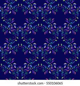 Abstract dark blue seamless pattern with colorful leaves. Festive mix, fireworks. Bright print for wallpaper, textile, book covers, manufacturing, gift wrap, scrapbooking. Hand drawn illustration.