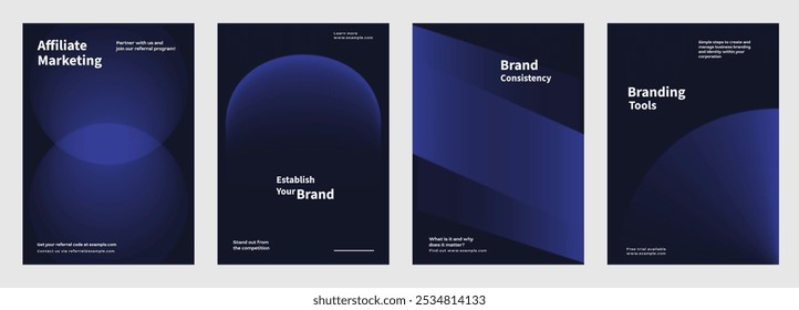 Conjunto de póster de gradiente de forma azul oscuro Abstractas. Estrategia moderna de la marca en el cartel negro abstracto del gradiente. Abstractas conjunto de póster de Vector azul oscuro con concepto de marketing empresarial.