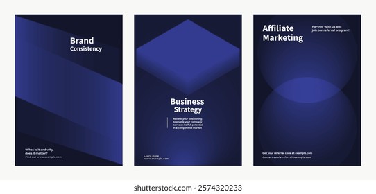 Abstract dark blue shape gradient poster set. Business marketing Modern branding strategy in abstract black gradient poster. Abstract dark blue vector poster set with business marketing concept.
