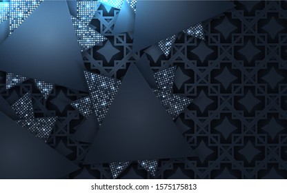 Abstract dark blue shapes with 3d crystal triangles texture a combination line light and glitters decoration. Luxury premium concept vector design for use element cover, banner, wallpaper, business