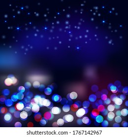 Abstract dark blue sky background with colorful bokeh light and star. Vector illustration of night city scene with space for artwork.