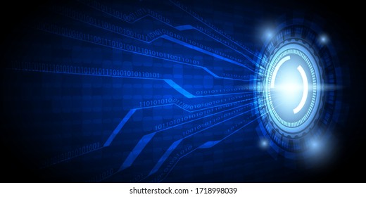 abstract dark blue technology background with hi-tech style circle, glowing sparkle effect, circuit pattern and binary number.
