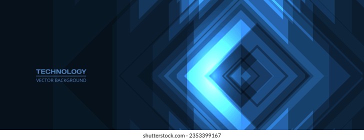 Abstract dark blue technology background with glowing hi-tech shapes and lines. Wide vector illustration