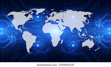 Abstract dark blue technology background featuring a world map silhouette over glowing digital circuits and connection points. Symbolizes global communication, data network, and modern technology.