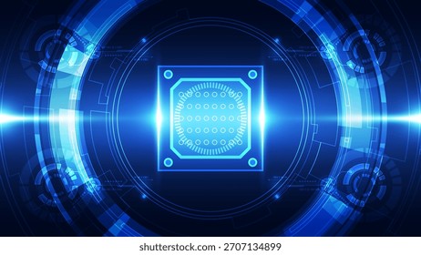 Abstractas fondo de tecnología azul oscuro con un chip de procesador de CPU central brillante rodeado de líneas de circuitos digitales y anillos HUD. Ideal para conceptos de computación, IA, ingeniería y centro de datos.