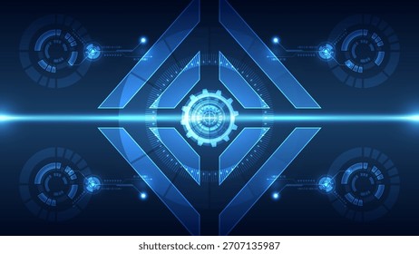 Abstractas fondo de tecnología azul oscuro con un engranaje central brillante y un marco de diamante geométrico, rodeado de líneas de circuito digitales. Simboliza el procesamiento del sistema, la ingeniería y el control de datos.
