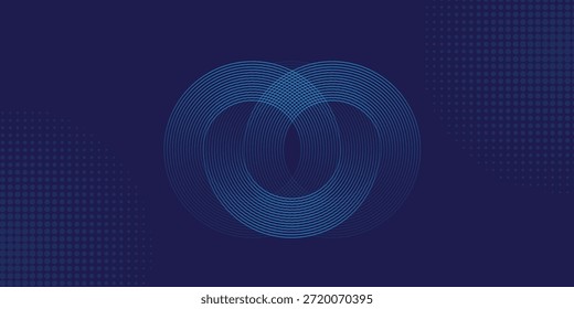 Abstrakter dunkelblauer Technologiehintergrund mit türkiser geometrischer Kreislinienkunst und Rasterpunktmustern, mit einer modernen futuristischen Ästhetik für Unternehmensbanner und digitale Poster.