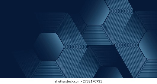 Abstractas fondo de tecnología azul oscuro con patrón de línea hexagonal geométrica y ondas digitales en capas, diseño futurista moderno para presentación corporativa, fintech, inteligencia artificial, red de datos, ciberseguridad, innovación, marca de inicio, encabezado de Sitio web y fondo de interfaz de usuario