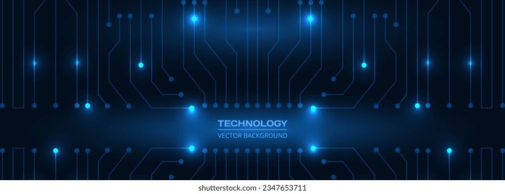 Abstract dark blue technology banner with circuit board. Digital technology futuristic dark blue wide vector concept background.