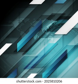 Abstract dark blue technology geometric background with HUD gear and world map. Futuristic vector design