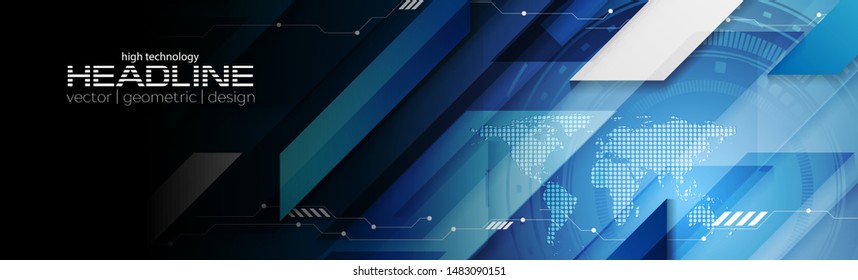 Abstract dark blue technology web header banner. Vector geometric background design with HUD gear and world map. Futuristic illustration