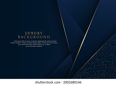 Abstract dark blue triangles shape pattern background with dot element and golden line. Modern simple polygon design. Luxury style graphic element. Space for your text. Vector illustration