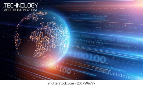 Abstract dark blue vector background. Modern information technologies. Planet Earth in dynamic motion. Binary code. Global Internet network.High-tech future, the development of science.