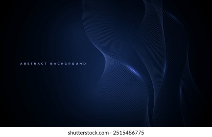 Abstract dark blue vector background with glowing blue wavy lines.