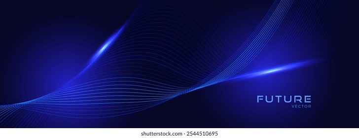 Abstract dark blue vector background with glowing blue wavy lines.