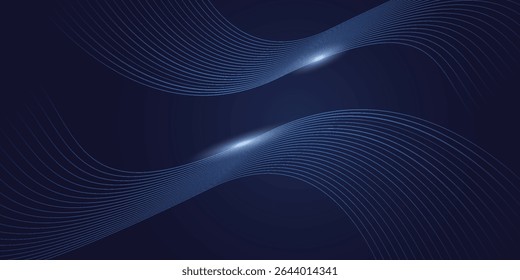 Abstract dark blue vector background with glowing blue wavy lines.