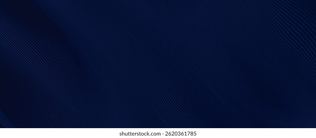 Abstract dark blue wavy background with smooth flowing lines and gradient light effects. Elegant and modern design for technology, finance, or corporate themes