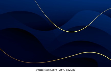 Abstract dark blue wavy background with gold lines. Vector illustration