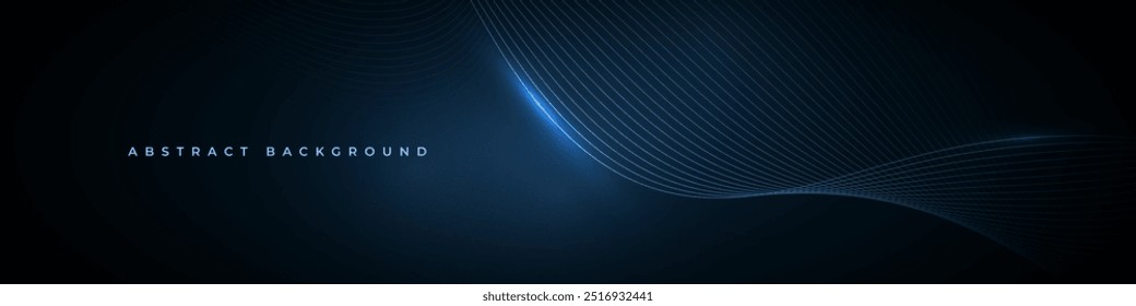 Abstract dark blue wide vector background banner with glowing blue wavy lines.