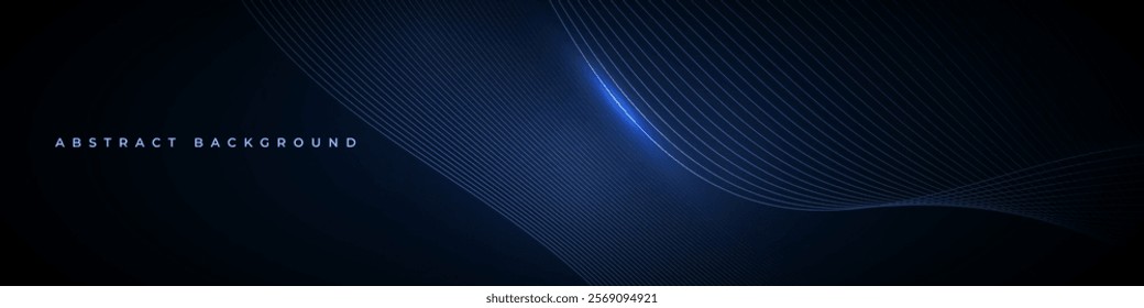 Abstract dark blue wide vector background with glowing blue wavy lines.