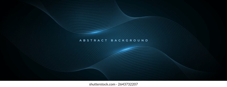 Abstract dark blue wide vector background with glowing blue wavy lines.