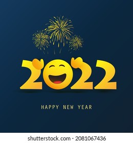 Abstract Dark Blue and Yellow Happy New Year Greeting Card or Background, Creative Design Template with Open Arms Smiling Emoji - 2022