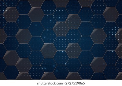 Fondo marrón oscuro abstracto con hexágonos de oro y puntos dorados. Anuncio de lujo. Ilustración vectorial