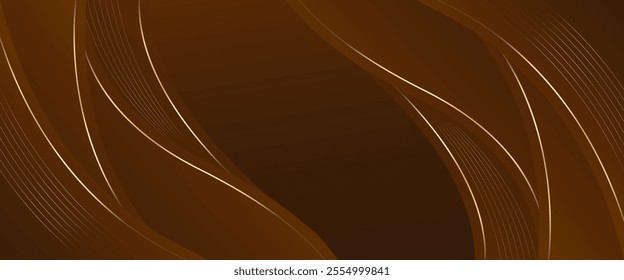 Abstract dark brown luxury banner background with gold lines. Elegant wave modern wallpaper. Suitable for templates, banners, sales, ads, events, web pages, and headers
