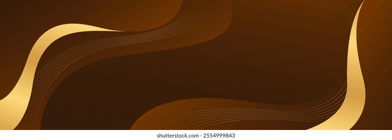 Abstract dark brown luxury banner background with gold lines. Elegant wave modern wallpaper. Suitable for templates, banners, sales, ads, events, web pages, and headers