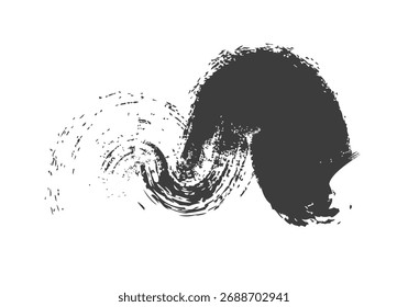 Pincelada escura abstrata com bordas texturizadas e espalhadas em um fundo branco. Dinâmico e artístico.