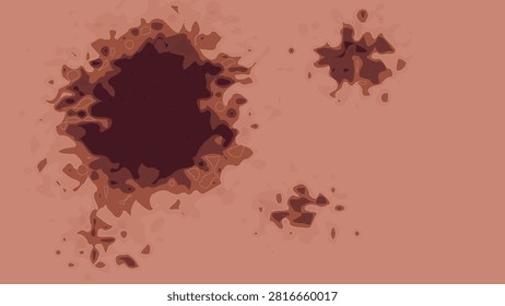 Abstract dark burgundy ink splashes with layered irregular edges and scattered droplets on a muted terracotta background