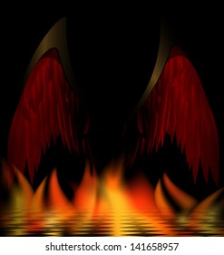 in abstract dark burning room are black wings of an dark angel