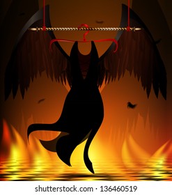 in abstract dark burning room is a hanger with black wings of an angel