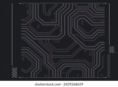 Abstract dark circuit board futuristic technology background with complex lines and squares, representing digital data, AI, and cybersecurity concepts