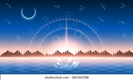 Abstrakter dunkler Himmel Hintergrund WIth City Moon Constellations and Clouds Silhouette Nature Landscape Design Style Vektorgrafik