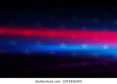 Composición oscura abstracta con silueta de bandera estadounidense, rayas azules y rojas