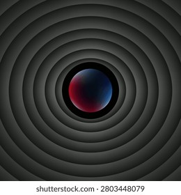 Abstract dark composition featuring concentric rings leading to a glossy gradient sphere at the center. Minimal, futuristic and hypnotic visual conveying depth, focus, symmetry, and modern geometric design.