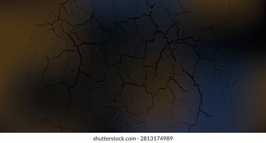 Abstract dark cracked background with subtle blue and orange light glow. Distressed dry earth or fractured wall surface texture pattern for mysterious backdrop, banner, or horror design.