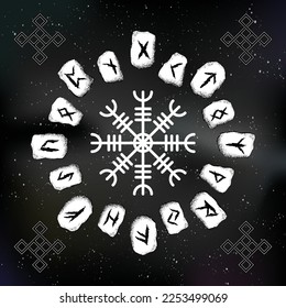 Abstract dark design of stone letters. Sky mystic esoteric background with different brick stones and viking rune symbol words