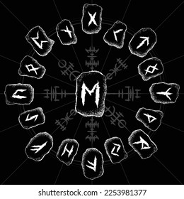 Abstract dark design of stone letters. Sky mystic esoteric background with different brick stones and viking rune symbol words