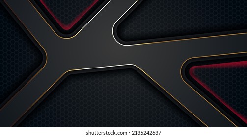 diagonal oscura abstracta con línea dorada y fondo de textura hexagonal de rayas de luz roja. vector eps10