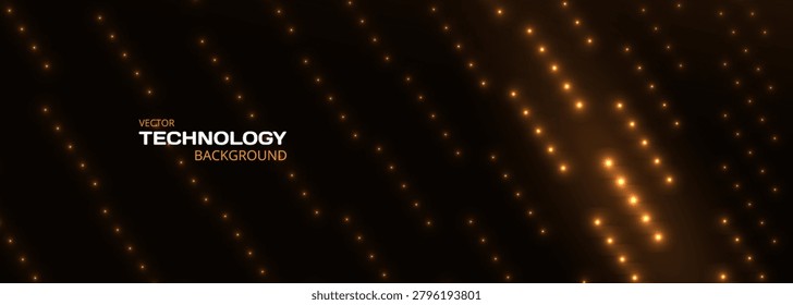 Abstract dark digital technology background with diagonal gold glowing data particles flow. Big data analytics concept tech wide banner. Vector illustration